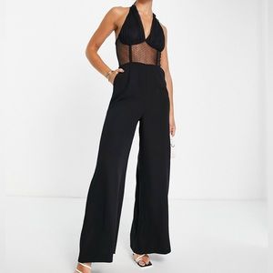 Topshop Halter Neck Lace Mesh Corset Jumpsuit in Black
